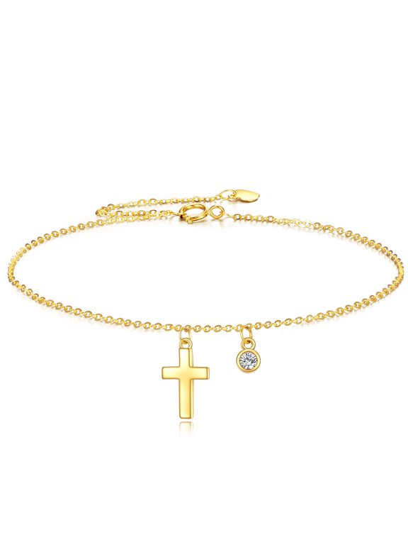 14k Gold Cross Ankle Bracelets Yellow Gold Religious Cross Anklets Fine Gold Adjustable Link Chain Anklet Jewellery Christmas Gifts for Women