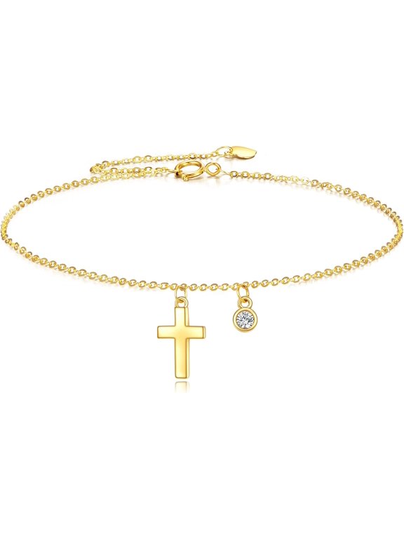 14k Gold Cross Ankle Bracelets Yellow Gold Religious Cross Anklets Fine Gold Adjustable Link Chain Anklet Jewellery Christmas Gifts for Women