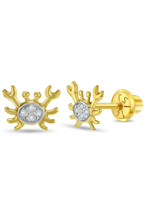 14k Gold Curious Crab Kids / Children's / Girls Earrings Safety Screw Back
