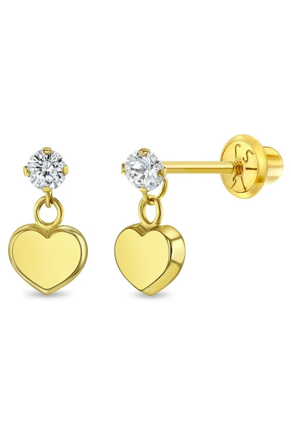 14k Gold Dangle Heart Kids / Children's / Girls Earrings Safety Screw Back