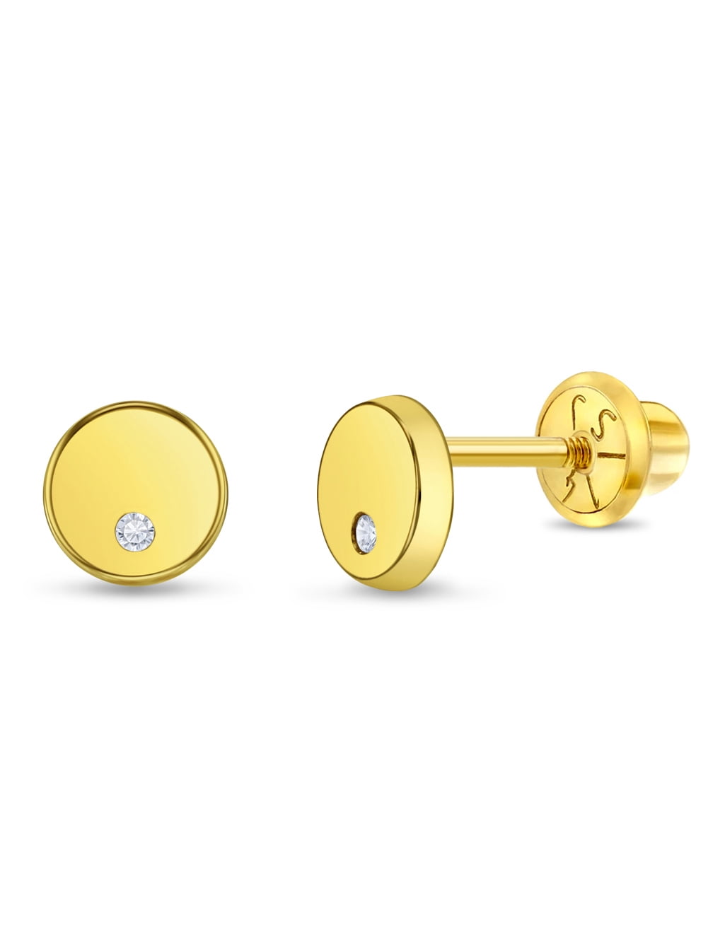 14k Gold Delicate CZ Clear Kids / Children's / Girls Earrings Safety Screw Back