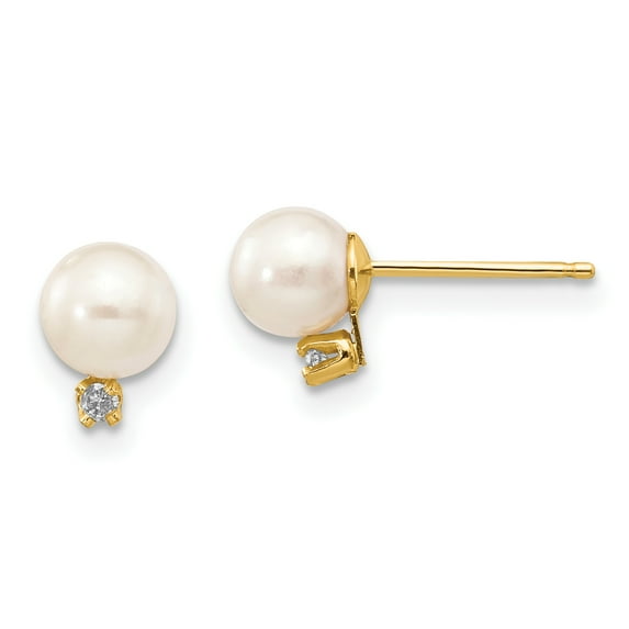 14k Gold Diamond 5-6mm Round White Freshwater Cultured Pearl Studs