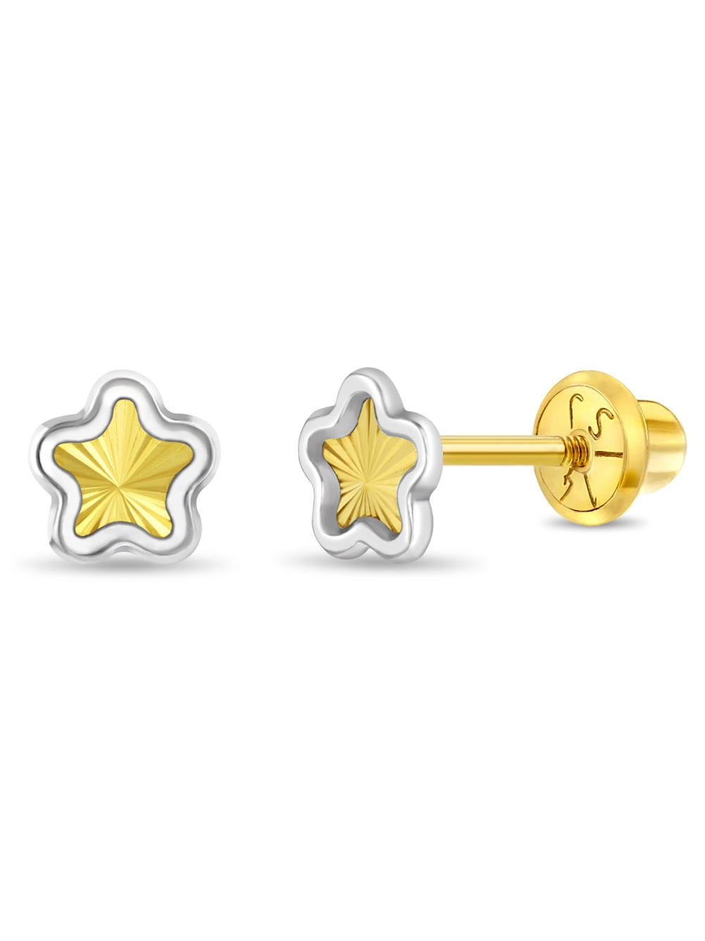 14k Gold Diamond Cut Flower Toddler / Kids / Girls Earrings Safety Screw Back