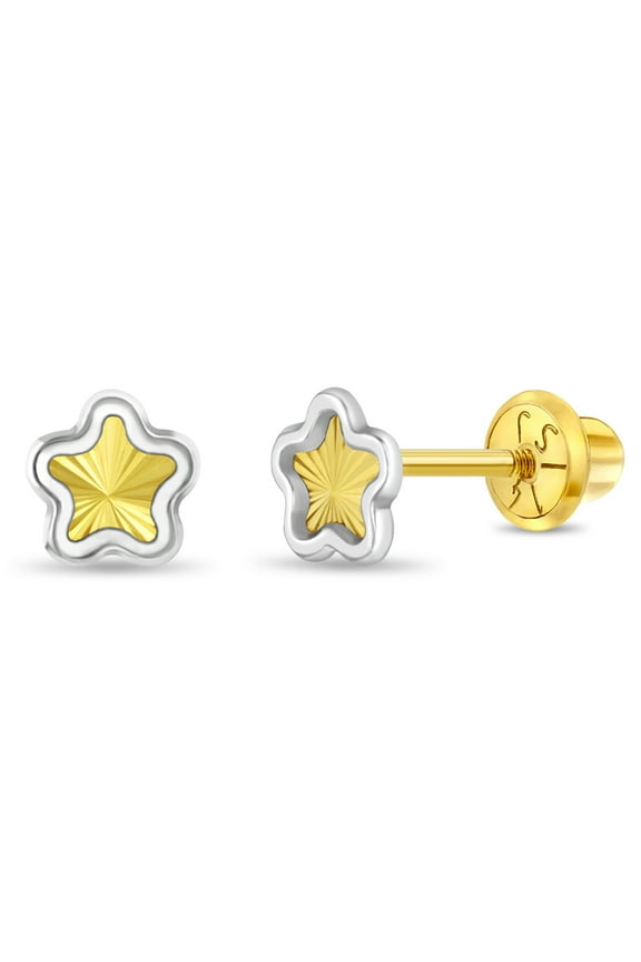 14k Gold Diamond Cut Flower Toddler / Kids / Girls Earrings Safety Screw Back