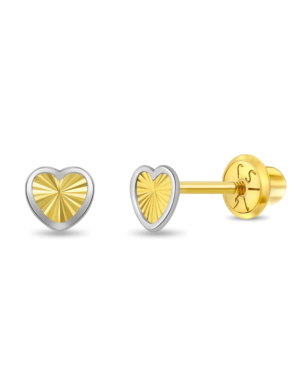 14k Gold Diamond Cut Heart Toddler / Kids / Girls Earrings Safety Screw Back