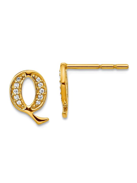 14k Solid Yellow Gold Diamond Letter Name Personalized Monogram Initial Q Earrings 10x8mm Wide Stud Earring for Women