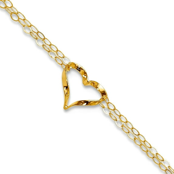 14k Gold Double Strand Love Heart Plus 1in Ext. Anklet 10 Inch 11mm Wide Anklet for Women