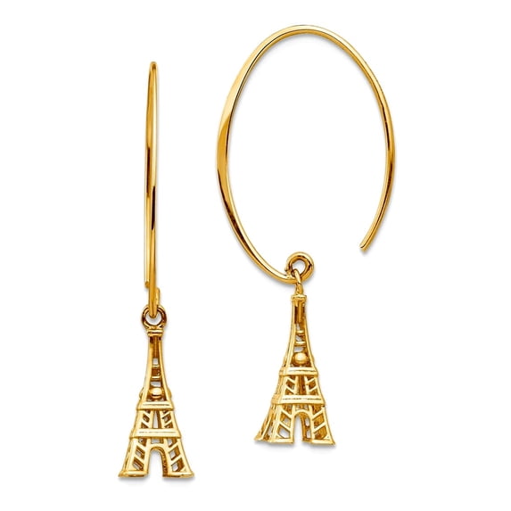 14k Solid Yellow Gold Eiffel Tower Long Drop Dangle Earrings 34.8x14.59mm Wide Dangle Earring for Women