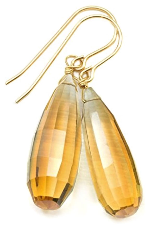 14k Gold Filled Bi-Colored Quartz Earrings Contemporary Faceted Teardrop Cognac Designed for Adult Women and s