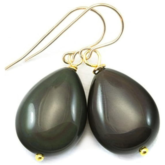 14k Gold Filled Black Obsidian Earrings Rainbow Smooth Puffed Teardrops Shimmery Dangle Drops Designed for Adult Women