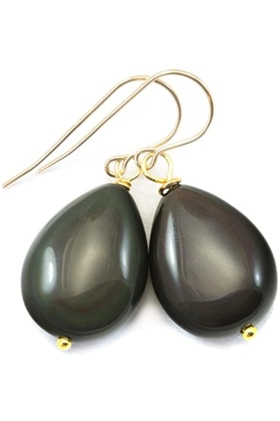 14k Gold Filled Black Obsidian Earrings Rainbow Smooth Puffed Teardrops Shimmery Dangle Drops Designed for Adult Women