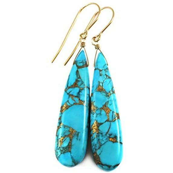 14k Gold Filled Blue Turquoise Earrings Coppery Mosaic Veining Long Large Simple Dangle Drops 2.2 Inch