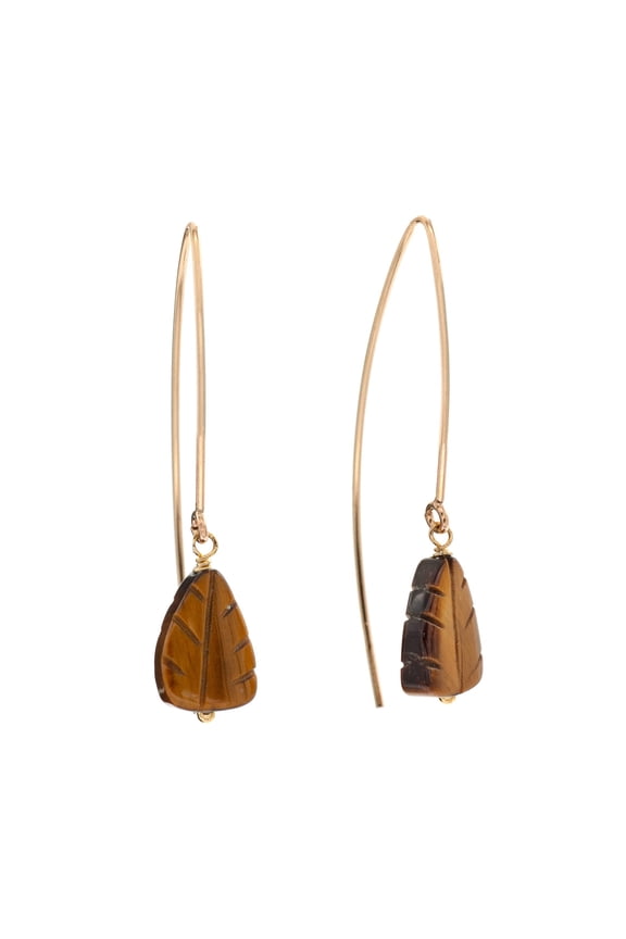 14k Gold-Filled Carved Natural Tiger Eye Leaf Drop Marquise Earrings for Men and Women