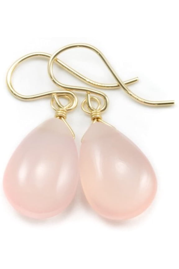 14k Gold Filled Chalcedony Earrings Pink Smooth Pear Drop Shape Soft Pale Pink Designed for Adult Women