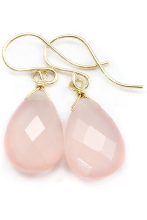 14k Gold Filled Chalcedony Earrings Soft Pink Faceted Pear Drop Shape Pale Pink Simple Teardrops Designed for Adult Women