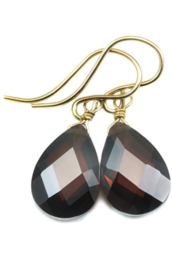 14k Gold Filled Cubic Zirconia Chocolate Brown Earrings Faceted Pear Simulated Diamond Teardrop In Cz Simple Dangles Designed for Adult Women 1.2"