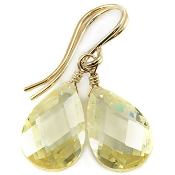 14k Gold Filled Cubic Zirconia Earrings Faceted Pear Soft Light Yellow Simulated Diamond Teardrop in CZ Simple Drops Designed for Adult Women 1.2"