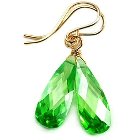 14k Gold Filled Cubic Zirconia Green Earrings Faceted Long Teardrop Simulated Peridot In Cz Narrow Dangles Designed for Adult Women 1.4"