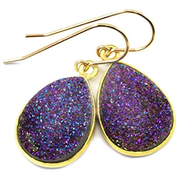 14k Gold Filled Drusy Earrings Purple Druzy Large Teardrop Goldtone Bezel Set Simple Drops Designed for Adult Women