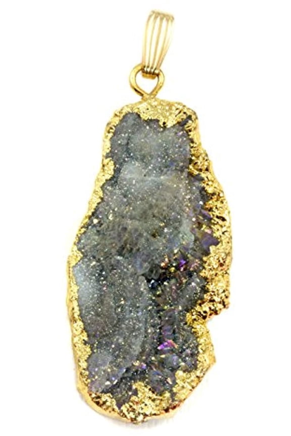 14k Gold Filled Drusy Necklace Pendant Large Gray Mushroom Druzy Crystals Long Golden Electroplated Designed for Adult Women