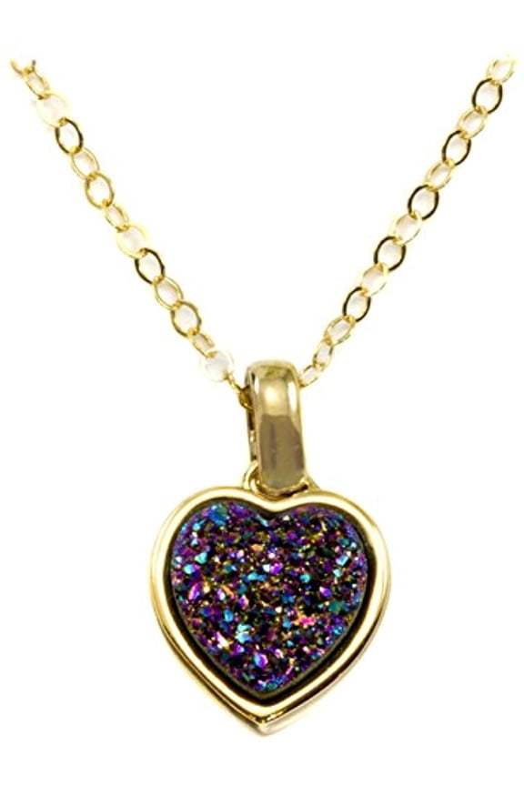 14k Gold Filled Drusy Pendant Necklace Purple Druzy Goldtone Thick Heart Bezel Small Dainty, 20" Designed for Adult Women