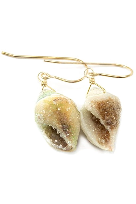 14k Gold Filled Druzy Earrings Fossilized Shell Drops Fossil Drusy Crystals Designed for Adult Women
