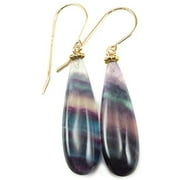 SPYGLASS DESIGNS 14k Gold Filled Fluorite Earrings Striped Banded Teal Purple Puffed Teardrop Drops Matched Long Smooth Dangles Goldtone Beaded Accents Designed for Adult Women