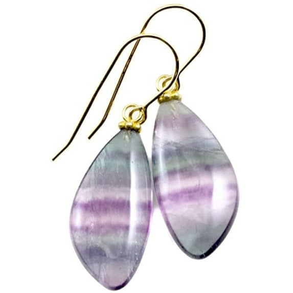 14k Gold Filled Fluorite Earrings Striped Purple Green Teal Blue Curved Paired Drops Pastel Soft Banding Goldtone Beaded Accents Designed for Adult Women