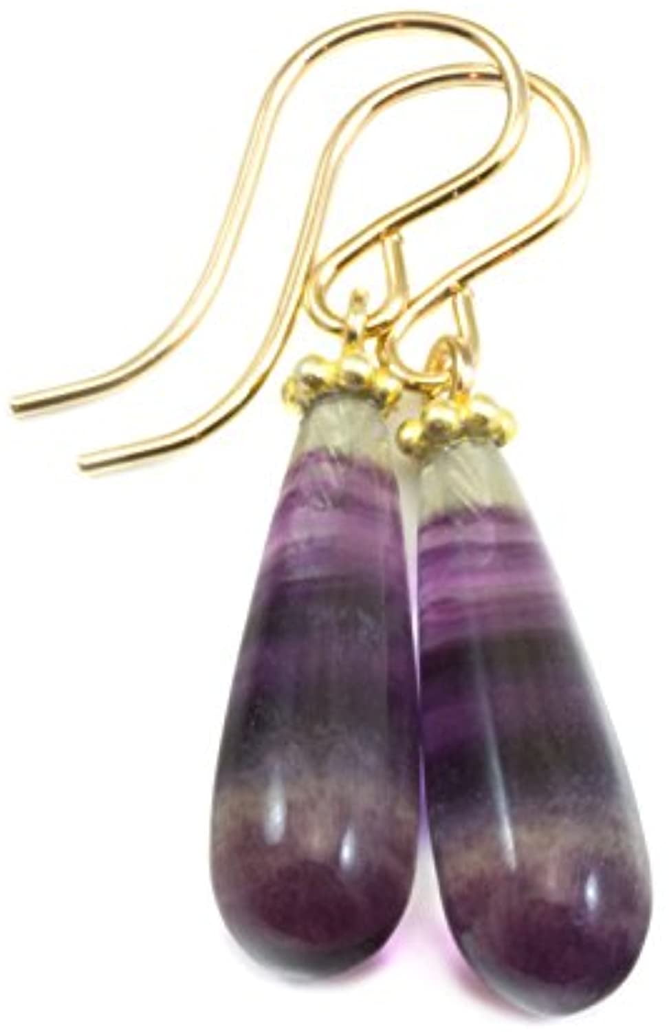 SPYGLASS DESIGNS 14k Gold Filled Fluorite Earrings Striped Purple Small Smooth Round Goldtone Accents Teardrop Dainty Lighweight Drops Designed for Adult Women and Teen Girls