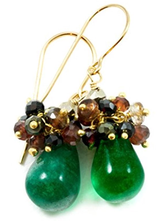 14k Gold Filled Green Quartzite Earrings Clusters Garnet Andalusite Pyrite Goldtone Wired Accents Designed for Adult Women