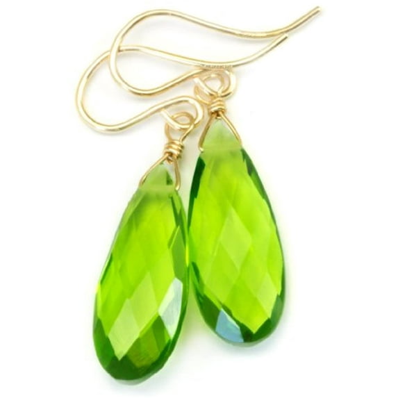 14k Gold Filled Green Simulated Peridot Earrings Long Teardrops Faceted Simple Lightweight Drops Designed for Adult Women