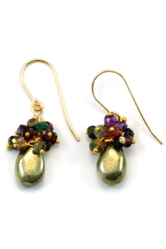 14k Gold Filled Iron Pyrite Earrings Smooth Cut Cluster Style Multi Gem Amethyst Spinel Goldtone Wired Accents Spyglass Designs Designed for Adult Women