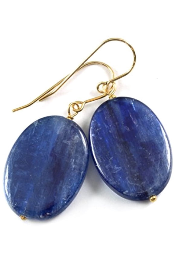 14k Gold Filled Kyanite Earrings Deep Blue Smooth Oval Large Drops Shimmery Dangles Designed for Adult Women