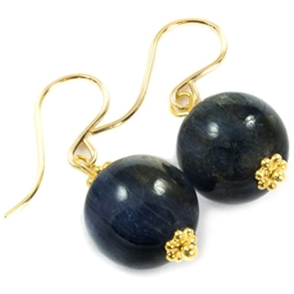 14k Gold Filled Kyanite Earrings Round Deep Blue Beaded Simple Classic Dangles Drops Designed for Adult Women