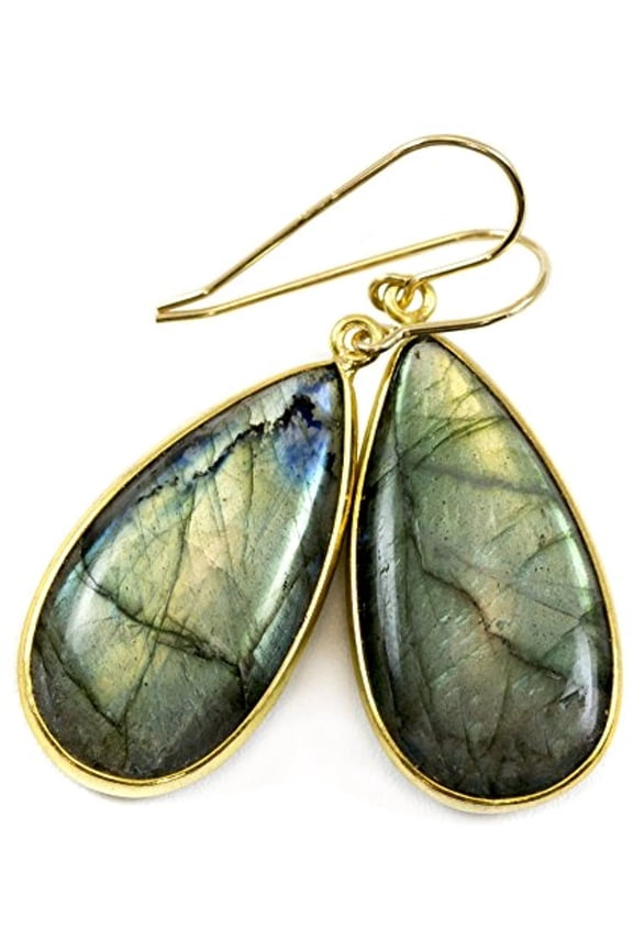 14k Gold Filled Labradorite Earrings Blue Flash Goldtone Bezel Set Long Large Smooth Teardrop Designed for Adult Women