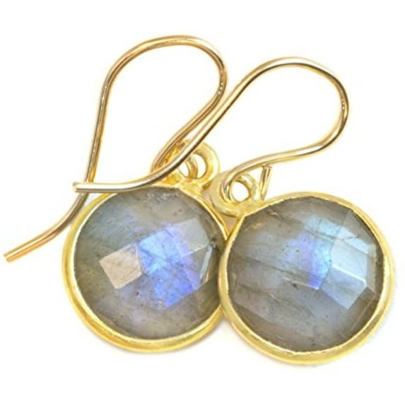14k Gold Filled Labradorite Earrings Blue Flash Round Goldtone Bezel Set Faceted Drops Small Dainty Designed for Adult Women
