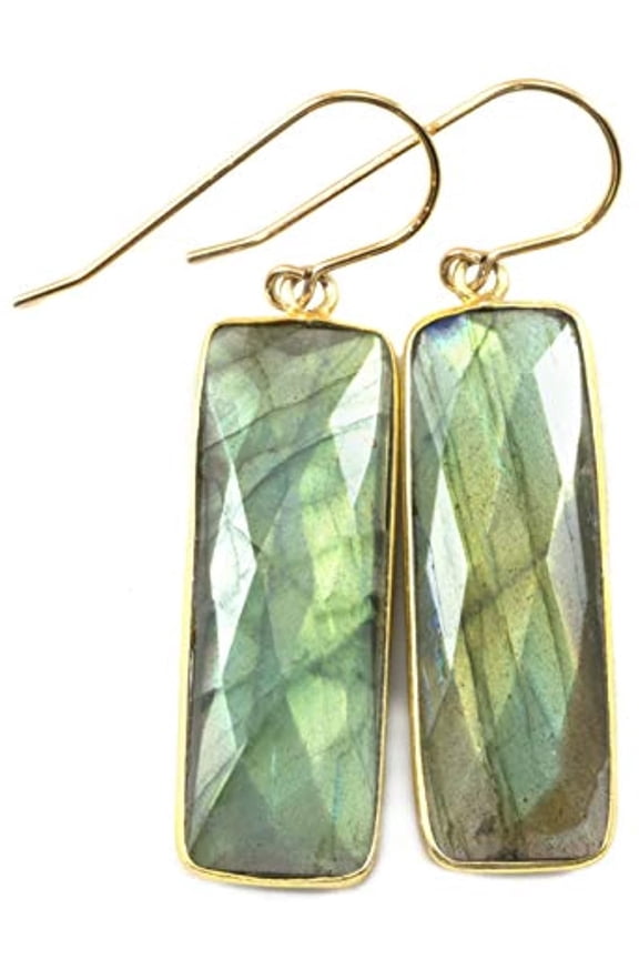14k Gold Filled Labradorite Earrings Goldtone Bezel Set Blue Flash Faceted Large Long Contemporary Rectangle Drops Designed for Adult Women