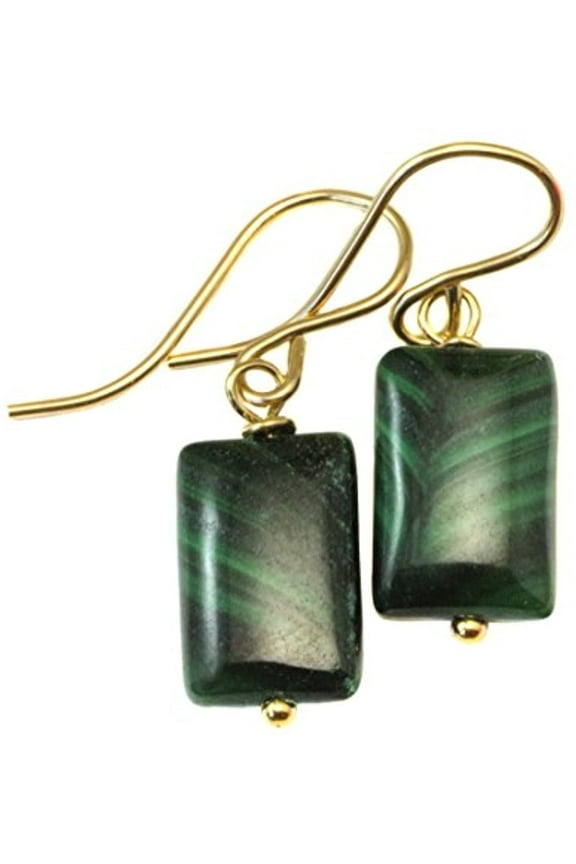 14k Gold Filled Malachite Earrings Green Rectangle Smooth Cut Small Dainty Drops Designed for Adult Women