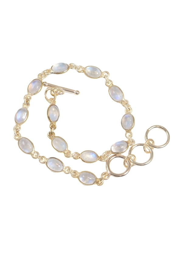 14k Gold Filled Moonstone Bracelet Bezel Link Blue Smooth Oval Adjustable Goldtone Bezel, 7" 8" Designed for Adult Women