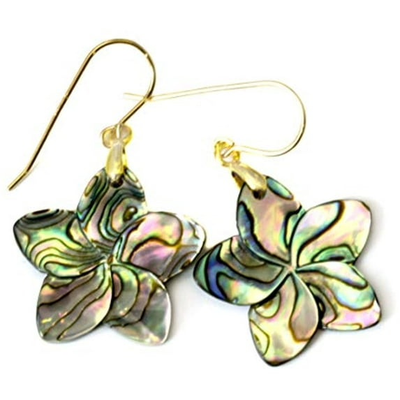 14k Gold Filled Mother of Pearl Abalone Paua Shell Earrings Large Carved Flower Peacock Blue Goldtone Bail MOP Dangles Designed for Adult Women