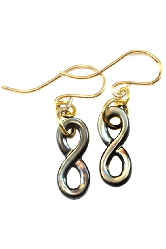 14k Gold Filled Mother of Pearl Earrings Carved Infinity Black Oyster Iridescent Rainbow Shell MOP Dangle Drops Designed for Adult Women