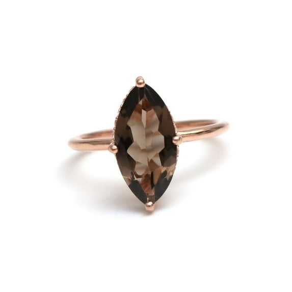 Elegant 14k Rose Gold Filled Smokey Quartz Marquise Cut Anniversary Ring - Birthstone Solitaire Ring - Engagement Ring - Wedding Deco Ring