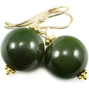 SPYGLASS DESIGNS 14k Gold Filled Nephrite Green Jade Earrings Large Round Smooth Simple Drops Goldtone Beaded Accents Designed for Adult Women