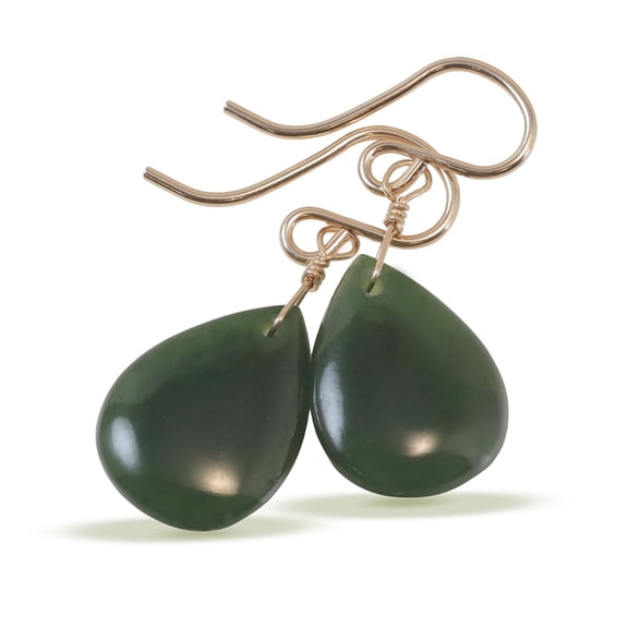 14k Gold Filled Nephrite Jade Earrings Dark Green Medium Size Fat Smooth Simple Drops