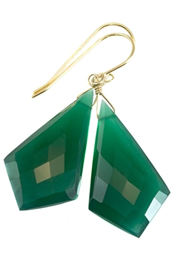 14k Gold Filled Onyx Earrings Green Faceted Pointed Triangular Shape Large Drops Triangle Dangles Designed for Adult Women