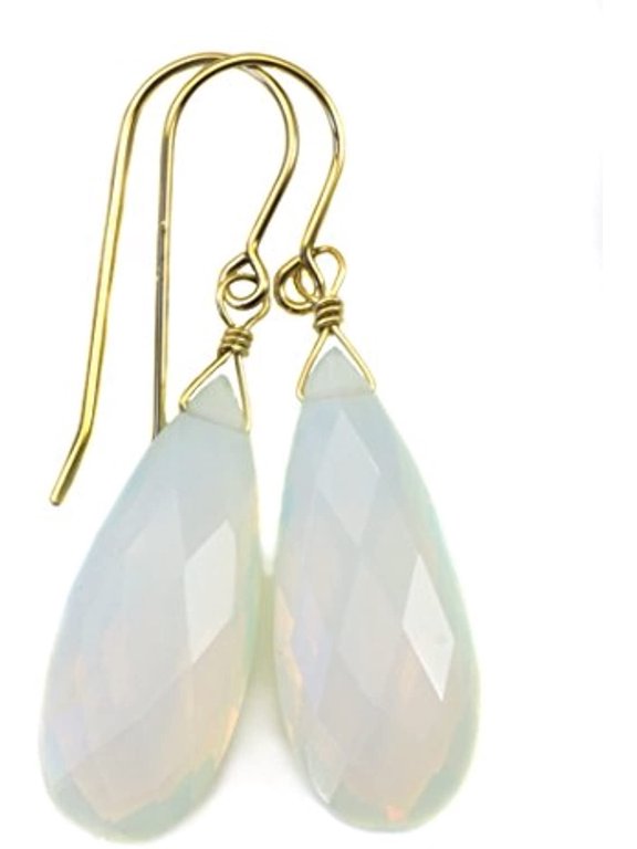 14k Gold Filled Opalite Earrings Faceted Simulated Opal Long Teardrops White Rainbow Iridescent Drops Designed for Adult Women