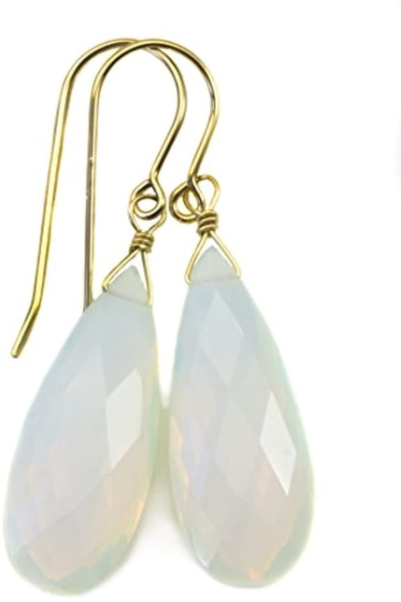 14k Gold Filled Opalite Earrings Faceted Simulated Opal Long Teardrops White Rainbow Iridescent Drops Designed for Adult Women