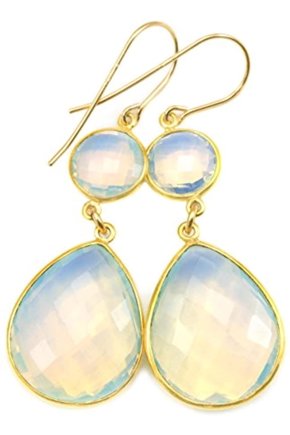 14k Gold Filled Opalite Simulated Opal Earrings Double Hung Large Goldtone Bezel Long Faceted Drops Designed for Adult Women