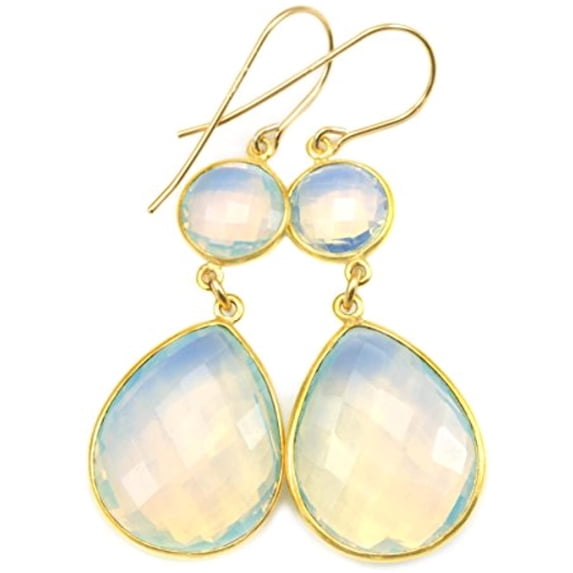 14k Gold Filled Opalite Simulated Opal Earrings Double Hung Large Goldtone Bezel Long Faceted Drops Designed for Adult Women