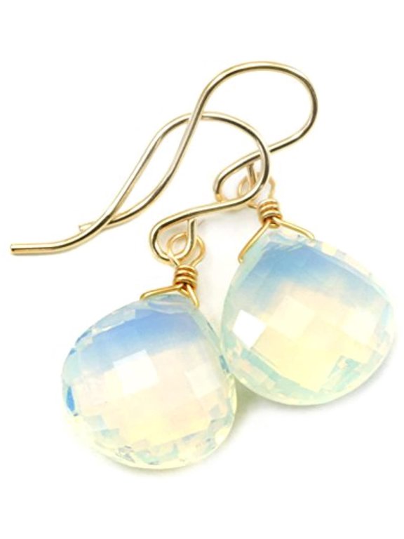 14k Gold Filled Opalite Simulated Opal Earrings Faceted Heart Iridescent White Rainbow Colors Simple Briolettes Designed for Adult Women